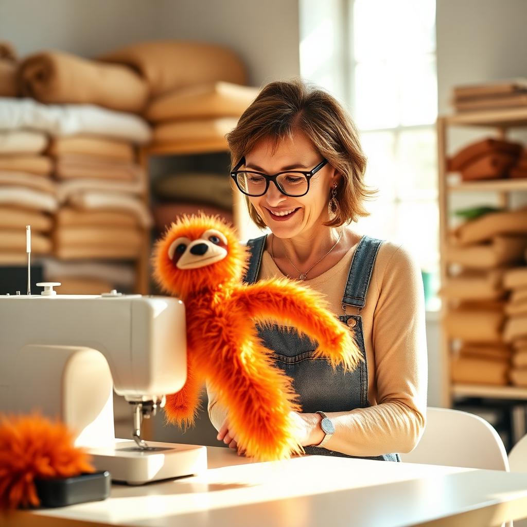 A middle-aged woman with glasses sewing a Bert puppet in a bright home sewing room with shelves of fabric