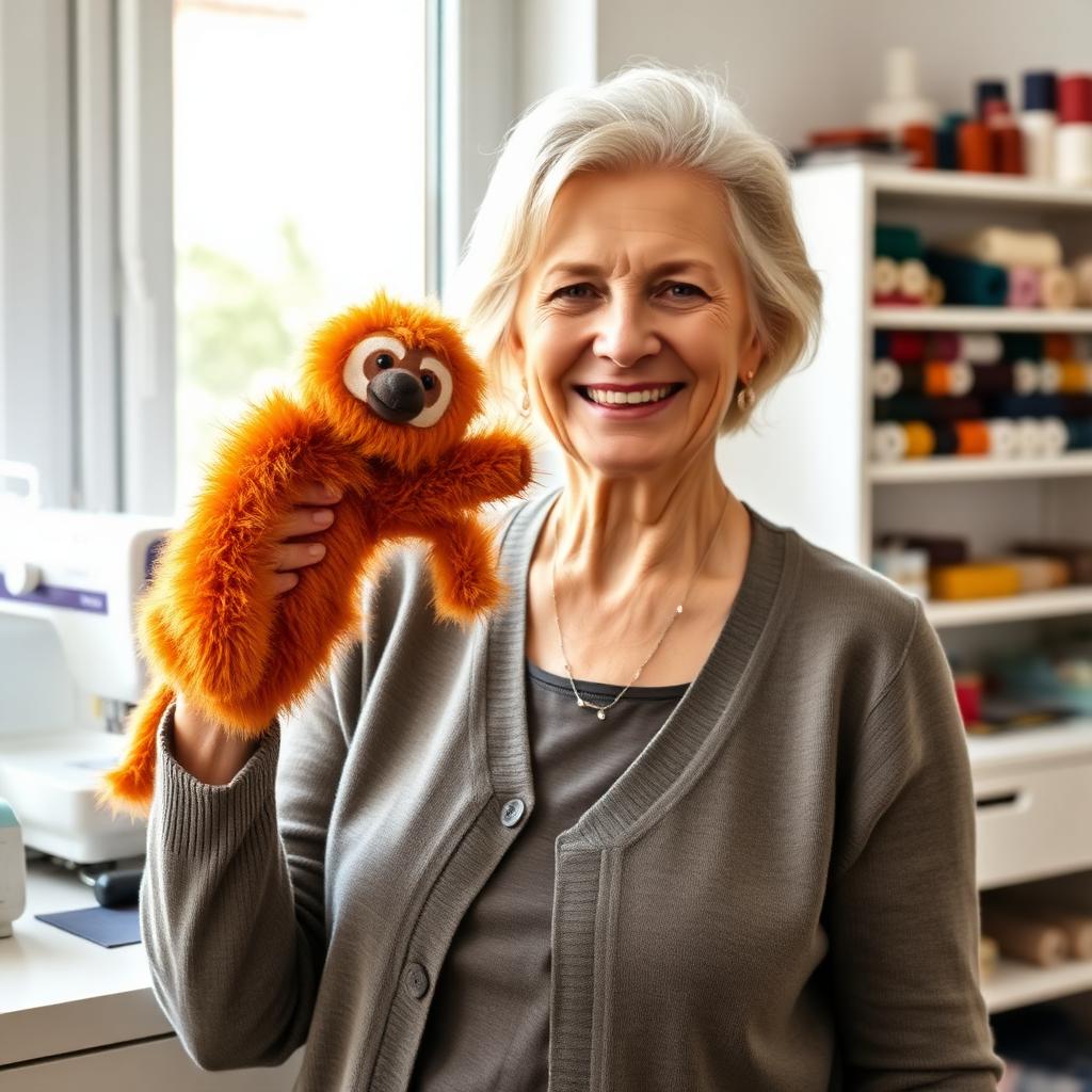 An older woman with silver hair smiling and holding a finished handmade Bert puppet in her craft room