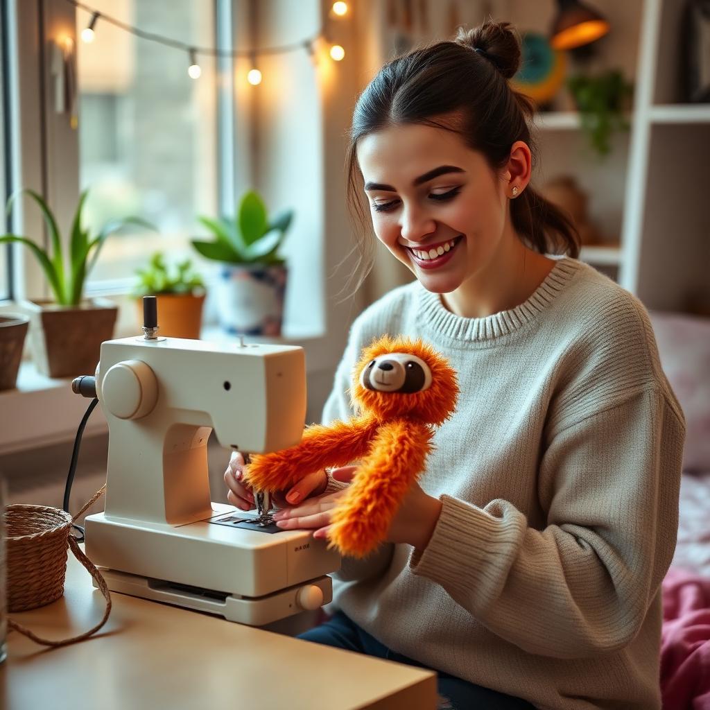 A young woman in her twenties stitching a handmade Bert puppet at her sewing machine in a sunny apartment